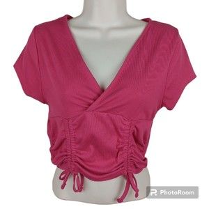 One Step Up Crop Top Womens Medium Pink Short Sleeve Pullover Rouched Blouse